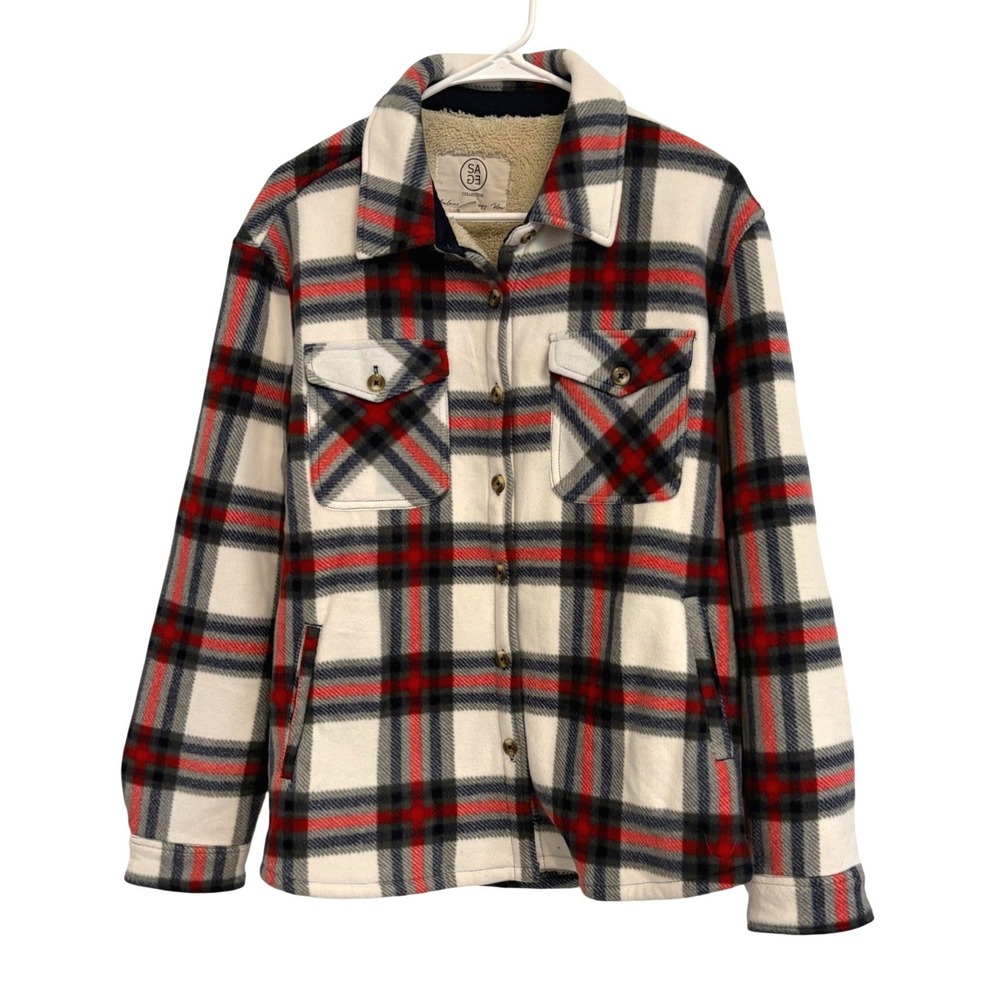 Sage Collective Fleece Women's Plaid Red White Blue FSherpa Lined Shacket